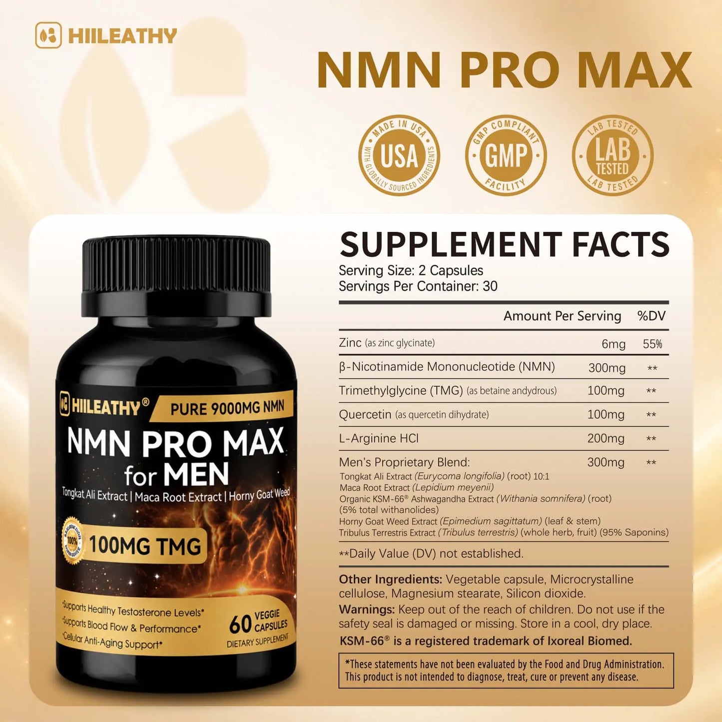 HIILEATHY NMN Pro Max Healthcare Dietary Supplement with NMN, TMG, Zinc, Quercetin, Energy Metabolism Support, Antioxidant Support, 60 Veggie Capsules