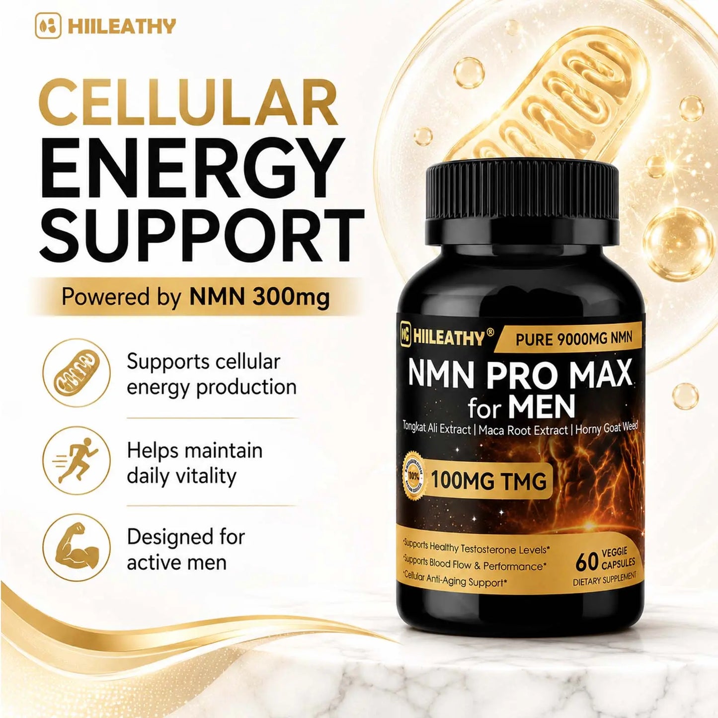 HIILEATHY NMN Pro Max Healthcare Dietary Supplement with NMN, TMG, Zinc, Quercetin, Energy Metabolism Support, Antioxidant Support, 60 Veggie Capsules